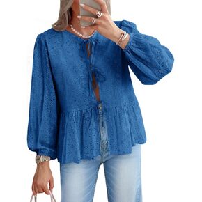 Tankaneo Womens Tie Front Tops Babydoll Puff Long Sleeve Lace Eyelet Peplum Blouses Cotton Shirts