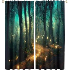 Fantasy Forest Curtains, Enchanted Trees Dreamy Mist Forest Glowing Lights Landscape Window Treatments Drapes for Bedroom Living Room 42x45in