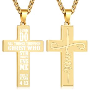 Faith Cross Necklace for Men Boys, Stainless Steel Cross Chain Pendant Necklace, Inspirational Bible Verse Christian Religious Easter Gifts 20+2in