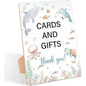 Under The Sea Baby Shower Table Sign, Cards and Gifts Sign, Pack of 1 Wooden Tabletop Sign with Stand, Sea Creatures Ocean Baby Shower Supplies, Gender Reveal Party Decorations - RG44