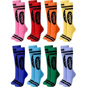 8 Pairs Crayon Socks Colorful Striped Thigh High Stockings Neon Knee Socks for Women Girls Halloween Costume Party Accessories