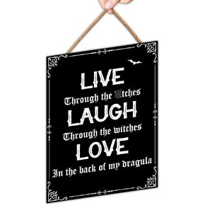 Catta Live Laugh Love Funny Gothic Positive Wooden Sign for Home, Vintage Gothic Home Halloween Decorations for Bedroom Spooky, 7.87 * 9.84 Inches