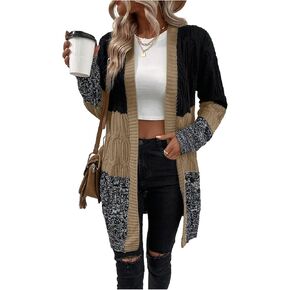 MakeMeChic Women's Color Block Cable Knit Open Front Sweater Cardigan Long Sleeve Outerwear