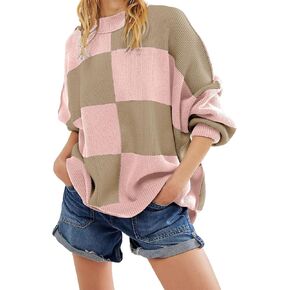 Athlisan Womens Oversized Casual Sweater Long Dropped Shoulder Sleeve Mock Neckline Side Slit Checkered Top
