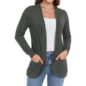 GRECERELLE Womens Long Sleeve Open Front Cardigan Casual V-Neck Curved Hem Ribbed Knit Sweater Outerwear with Pockets