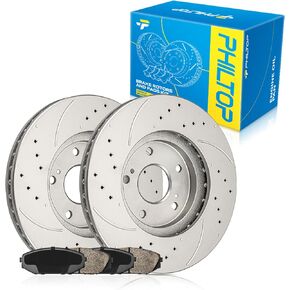 PHILTOP 11.8 inch(300 mm) Front Drilled and Slotted Disc Brake Rotors + Ceramic Pads Kit Compatible with Odyssey, MDX, 6-PC Set