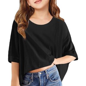 Haloumoning Girls Oversized Crop T Shirts Kids Summer Crewneck Batwing Half Sleeve Tops Tees 5-14 Years
