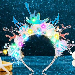 JEAIRTS Light Up Shell Headband Glowing Starfish Hair Band Led Pearl Mermaid Costume Hair Accessories for Women
