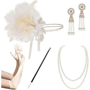 BABEYOND 1920s Flapper Accessories Gatsby Costume Accessories Set 20s Flapper Headband Pearl Necklace Gloves Plastic Holder