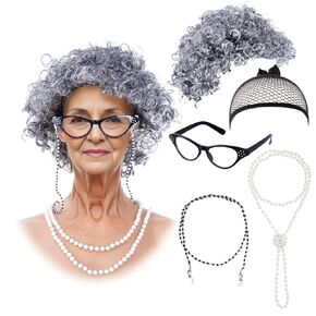 5Pcs Old Lady Wig Costume Set - Short Curly Grey Grandma Wig with Wig Cap, Granny Glasses, Eyeglass Chain, Pearl Necklace for Halloween Cosplay Dress Up Party