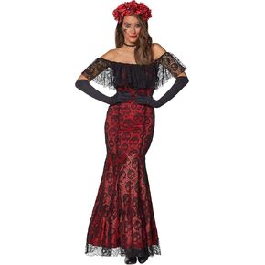 Spirit Halloween Adult La Catrina Day of the Dead Trumpet Dress Costume | Black and Red Lace Dress | Easy Costume