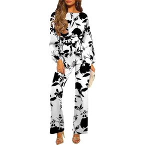 Women’s Casual Jumpsuits Loose Fit Belted Dressy Long Sleeve Crewneck Autumn Jumpsuit Long Wide Legs Formal Rompers