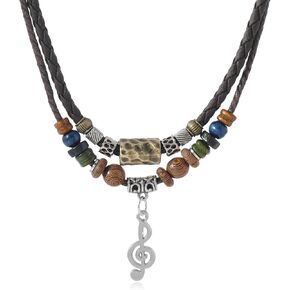 Women Men Leather Pendant Necklace of Vintage Tribal Style Charmful Hipppie Boho Double Layered Braided Beaded Pendant Necklace with Treble Clef Music Note Pendant