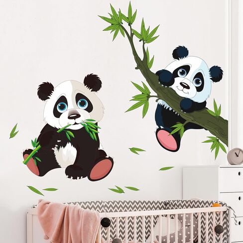 Giant Pandas Wall Decals Cartoon Panda Family on The Tree Branches Wall Stickers DIY Chinese Style Green Trees Bamboo Leaf Wall Art Decor for Child Bedroom Living Room Nursery Playroom DT-1056 in Saudi Arabia