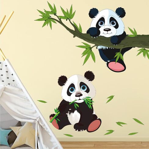 Giant Pandas Wall Decals Cartoon Panda Family on The Tree Branches Wall Stickers DIY Chinese Style Green Trees Bamboo Leaf Wall Art Decor for Child Bedroom Living Room Nursery Playroom DT-1056 in Saudi Arabia