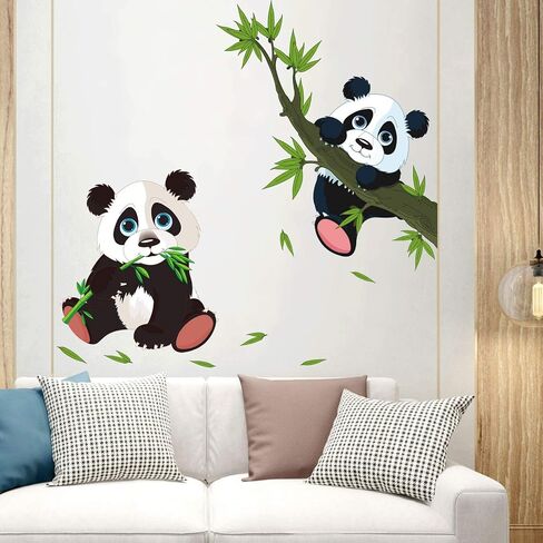 Giant Pandas Wall Decals Cartoon Panda Family on The Tree Branches Wall Stickers DIY Chinese Style Green Trees Bamboo Leaf Wall Art Decor for Child Bedroom Living Room Nursery Playroom DT-1056 in Saudi Arabia