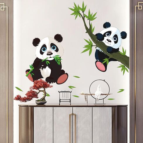 Giant Pandas Wall Decals Cartoon Panda Family on The Tree Branches Wall Stickers DIY Chinese Style Green Trees Bamboo Leaf Wall Art Decor for Child Bedroom Living Room Nursery Playroom DT-1056 in Saudi Arabia