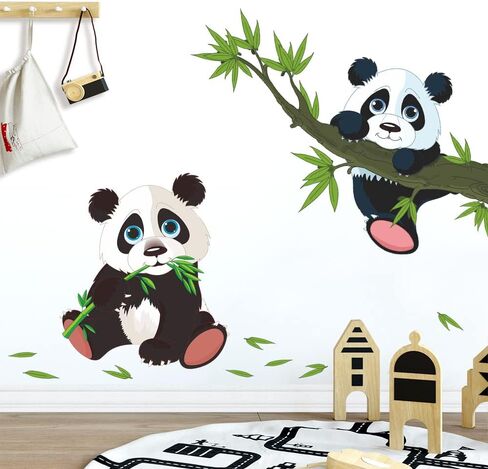 Giant Pandas Wall Decals Cartoon Panda Family on The Tree Branches Wall Stickers DIY Chinese Style Green Trees Bamboo Leaf Wall Art Decor for Child Bedroom Living Room Nursery Playroom DT-1056 in Saudi Arabia