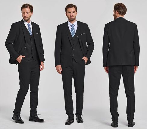Hihawk Men's 3 Piece Suit with Stretch Fabric, Solid Slim Fit Two Button Suit Blazer Set, Jacket Vest Pants with Tie. in Saudi Arabia