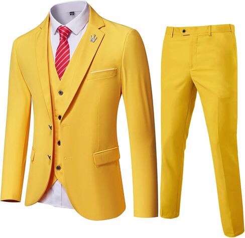 Hihawk Men's 3 Piece Suit with Stretch Fabric, Solid Slim Fit Two Button Suit Blazer Set, Jacket Vest Pants with Tie. in Saudi Arabia