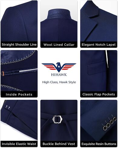 Hihawk Men's 3 Piece Suit with Stretch Fabric, Solid Slim Fit Two Button Suit Blazer Set, Jacket Vest Pants with Tie. in Saudi Arabia