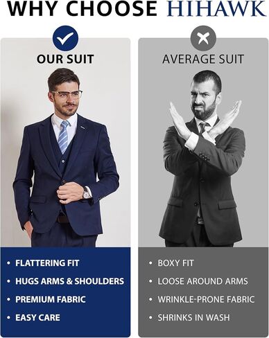 Hihawk Men's 3 Piece Suit with Stretch Fabric, Solid Slim Fit Two Button Suit Blazer Set, Jacket Vest Pants with Tie. in Saudi Arabia