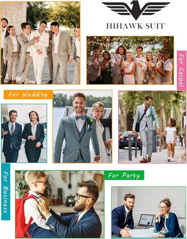 Hihawk Men's 3 Piece Suit with Stretch Fabric, Solid Slim Fit Two Button Suit Blazer Set, Jacket Vest Pants with Tie. in Saudi Arabia