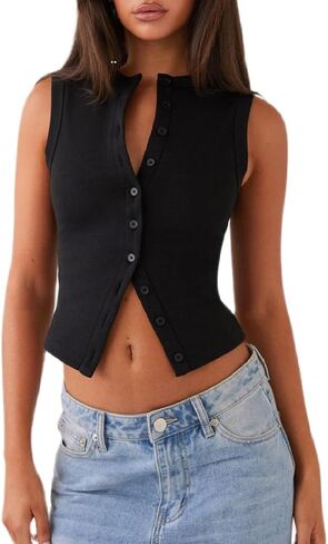 Women Y2k Button Down Tank Tops Knitted Solid Color Sleeveless Vest Top Slim Fit Crop Going Out Tops Streetwear in Saudi Arabia