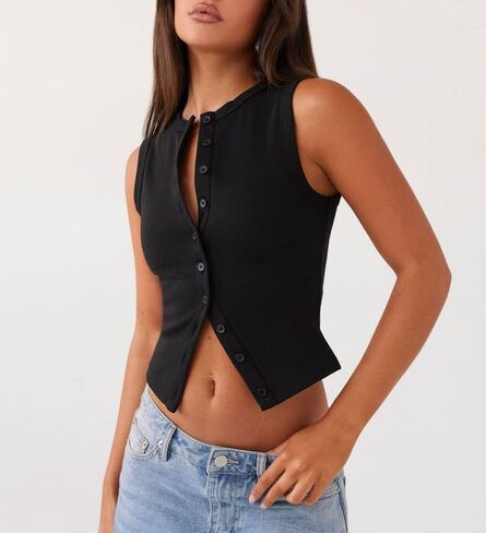 Women Y2k Button Down Tank Tops Knitted Solid Color Sleeveless Vest Top Slim Fit Crop Going Out Tops Streetwear in Saudi Arabia