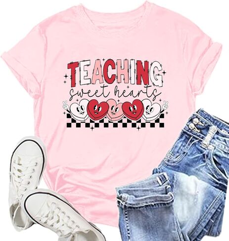 Womens Valentines Day Shirts: Valentine Gnome Tshirt Cute Love Hearts Short Sleeve Tops in Saudi Arabia