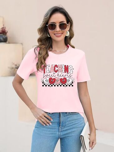 Womens Valentines Day Shirts: Valentine Gnome Tshirt Cute Love Hearts Short Sleeve Tops in Saudi Arabia