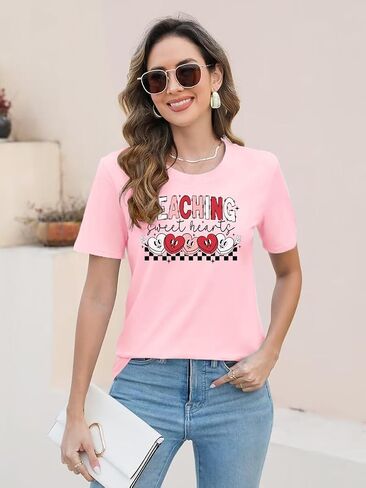 Womens Valentines Day Shirts: Valentine Gnome Tshirt Cute Love Hearts Short Sleeve Tops in Saudi Arabia
