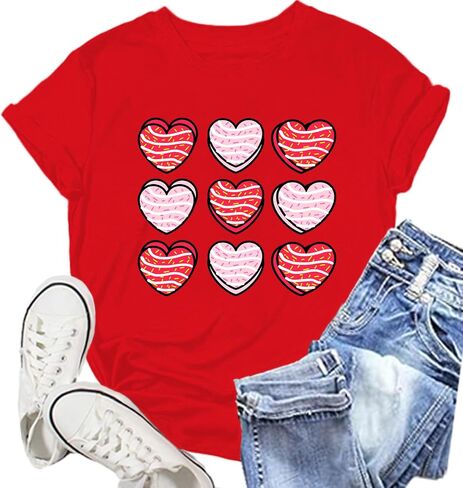 Womens Valentines Day Shirts: Valentine Gnome Tshirt Cute Love Hearts Short Sleeve Tops in Saudi Arabia