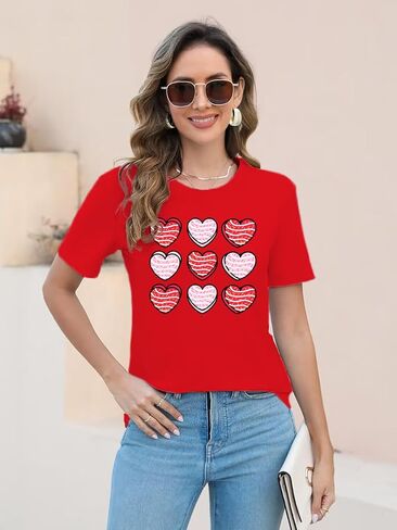 Womens Valentines Day Shirts: Valentine Gnome Tshirt Cute Love Hearts Short Sleeve Tops in Saudi Arabia
