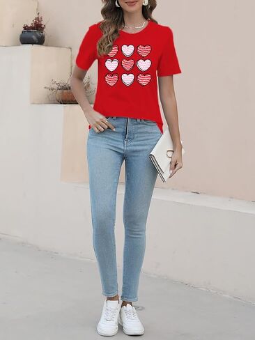 Womens Valentines Day Shirts: Valentine Gnome Tshirt Cute Love Hearts Short Sleeve Tops in Saudi Arabia