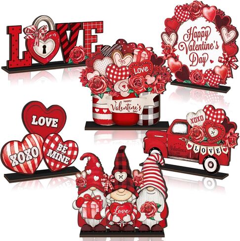 Wenqik 6 Pcs Vintage Rustic Valentine's Day Wooden Table Decorations Classic Red Valentine's Day Wood Tabletop Sign Centerpiece Romantic Valentine's Day Decor for Farmhouse Home Kitchen Tiered Tray in Kuwait