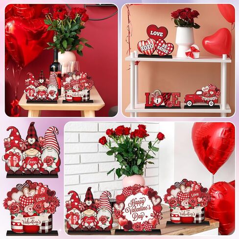 Wenqik 6 Pcs Vintage Rustic Valentine's Day Wooden Table Decorations Classic Red Valentine's Day Wood Tabletop Sign Centerpiece Romantic Valentine's Day Decor for Farmhouse Home Kitchen Tiered Tray in Kuwait