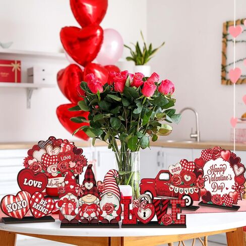Wenqik 6 Pcs Vintage Rustic Valentine's Day Wooden Table Decorations Classic Red Valentine's Day Wood Tabletop Sign Centerpiece Romantic Valentine's Day Decor for Farmhouse Home Kitchen Tiered Tray in Kuwait