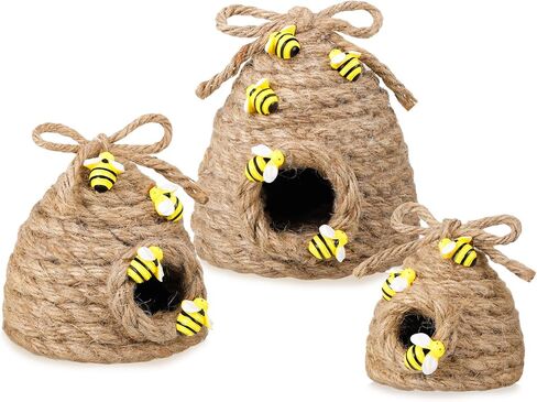 Jutom 3 Pcs Bee Hive Decor Honey Bee Tiered Tray Decor Summer Spring Bee Decorations Mini Jute Beehive Farmhouse Kitchen Decor for Table Shelf Sitter Home Coffee Bar Themed Party (Vintage Color) in Kuwait