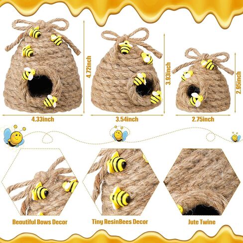 Jutom 3 Pcs Bee Hive Decor Honey Bee Tiered Tray Decor Summer Spring Bee Decorations Mini Jute Beehive Farmhouse Kitchen Decor for Table Shelf Sitter Home Coffee Bar Themed Party (Vintage Color) in Kuwait