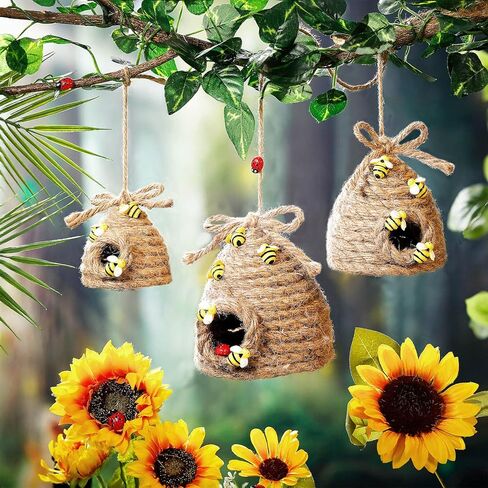 Jutom 3 Pcs Bee Hive Decor Honey Bee Tiered Tray Decor Summer Spring Bee Decorations Mini Jute Beehive Farmhouse Kitchen Decor for Table Shelf Sitter Home Coffee Bar Themed Party (Vintage Color) in Kuwait