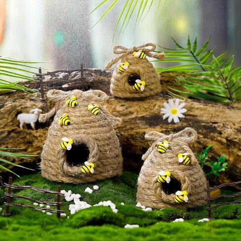 Jutom 3 Pcs Bee Hive Decor Honey Bee Tiered Tray Decor Summer Spring Bee Decorations Mini Jute Beehive Farmhouse Kitchen Decor for Table Shelf Sitter Home Coffee Bar Themed Party (Vintage Color) in Kuwait