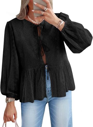 Tankaneo Womens Tie Front Tops Babydoll Puff Long Sleeve Lace Eyelet Peplum Blouses Cotton Shirts in Saudi Arabia