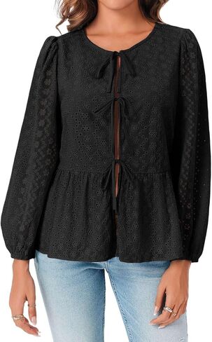Tankaneo Womens Tie Front Tops Babydoll Puff Long Sleeve Lace Eyelet Peplum Blouses Cotton Shirts in Saudi Arabia