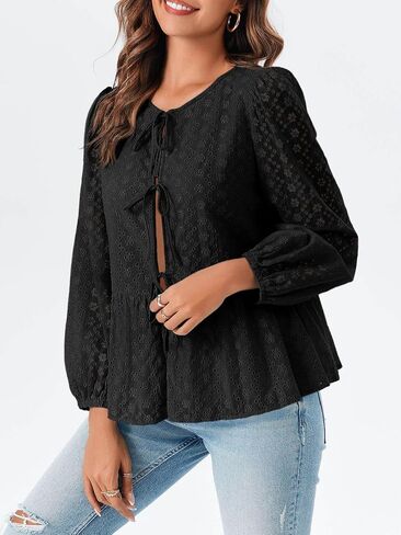 Tankaneo Womens Tie Front Tops Babydoll Puff Long Sleeve Lace Eyelet Peplum Blouses Cotton Shirts in Saudi Arabia
