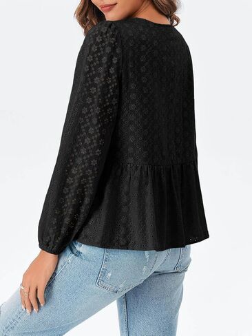 Tankaneo Womens Tie Front Tops Babydoll Puff Long Sleeve Lace Eyelet Peplum Blouses Cotton Shirts in Saudi Arabia