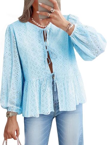 Tankaneo Womens Tie Front Tops Babydoll Puff Long Sleeve Lace Eyelet Peplum Blouses Cotton Shirts in Saudi Arabia