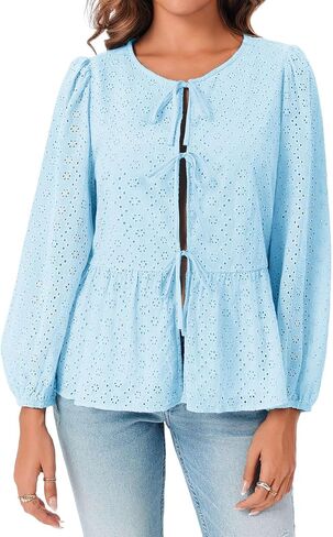 Tankaneo Womens Tie Front Tops Babydoll Puff Long Sleeve Lace Eyelet Peplum Blouses Cotton Shirts in Saudi Arabia