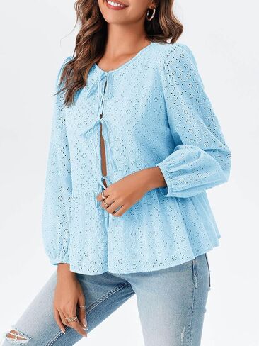Tankaneo Womens Tie Front Tops Babydoll Puff Long Sleeve Lace Eyelet Peplum Blouses Cotton Shirts in Saudi Arabia