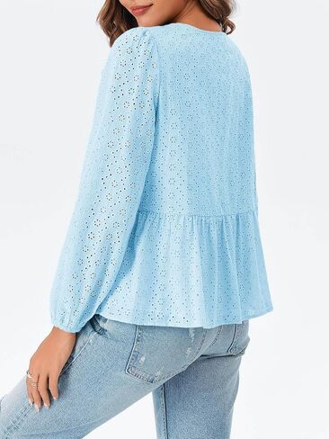 Tankaneo Womens Tie Front Tops Babydoll Puff Long Sleeve Lace Eyelet Peplum Blouses Cotton Shirts in Saudi Arabia